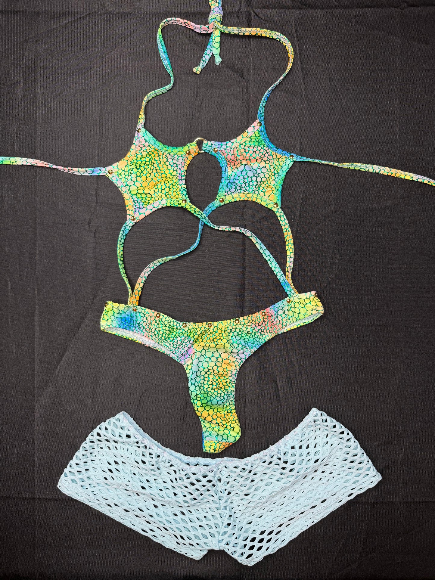 Rainbow/Baby Blue Spandex Three-Piece Shorts/Slingshot Lingerie Outfit