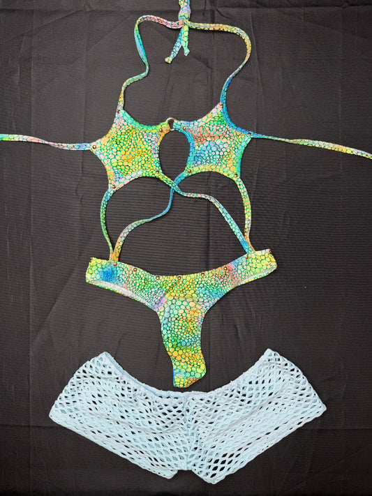 Rainbow/Baby Blue Spandex Three-Piece Shorts/Slingshot Lingerie Outfit