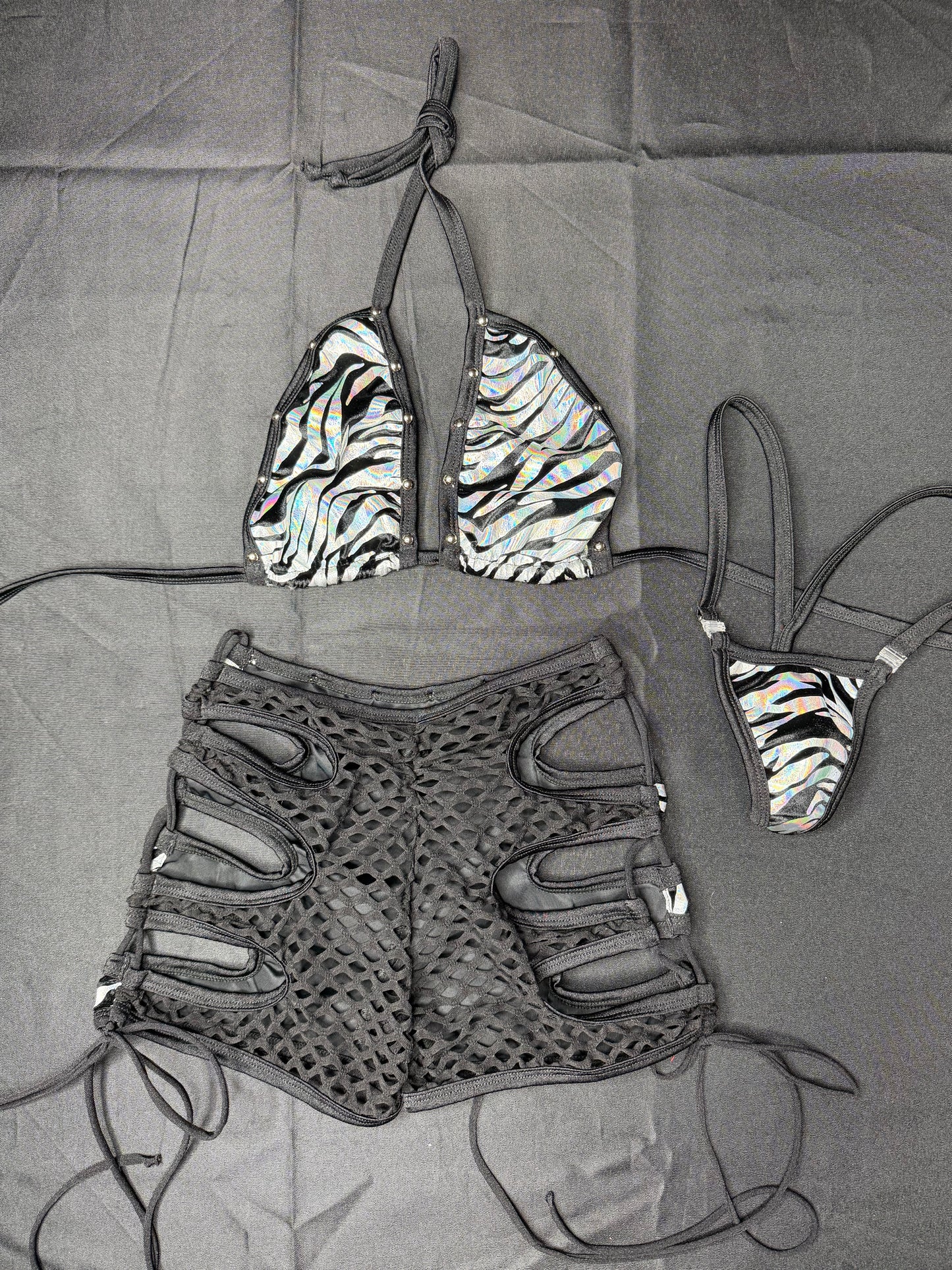Silver/Black Tiger Stripe Animal Print Spandex Bikini Top/Shorts Two-Piece Lingerie Outfit