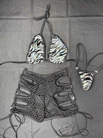 Silver/Black Tiger Stripe Animal Print Spandex Bikini Top/Shorts Two-Piece Lingerie Outfit