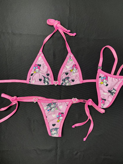 Hot Pink/Baby Pink Kuromi Two-Piece Side-Tie Bikini Lingerie Outfit