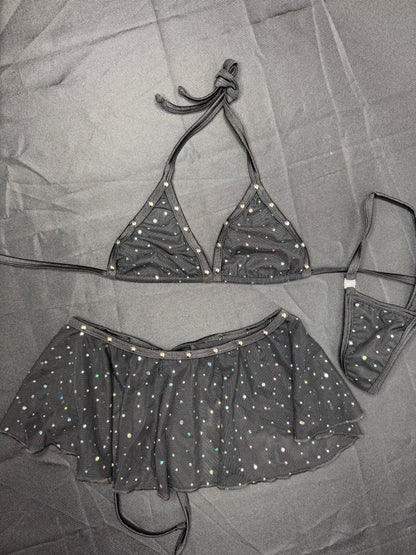 Black Mesh Bikini Top/Skirt Two-Piece Lingerie Outfit