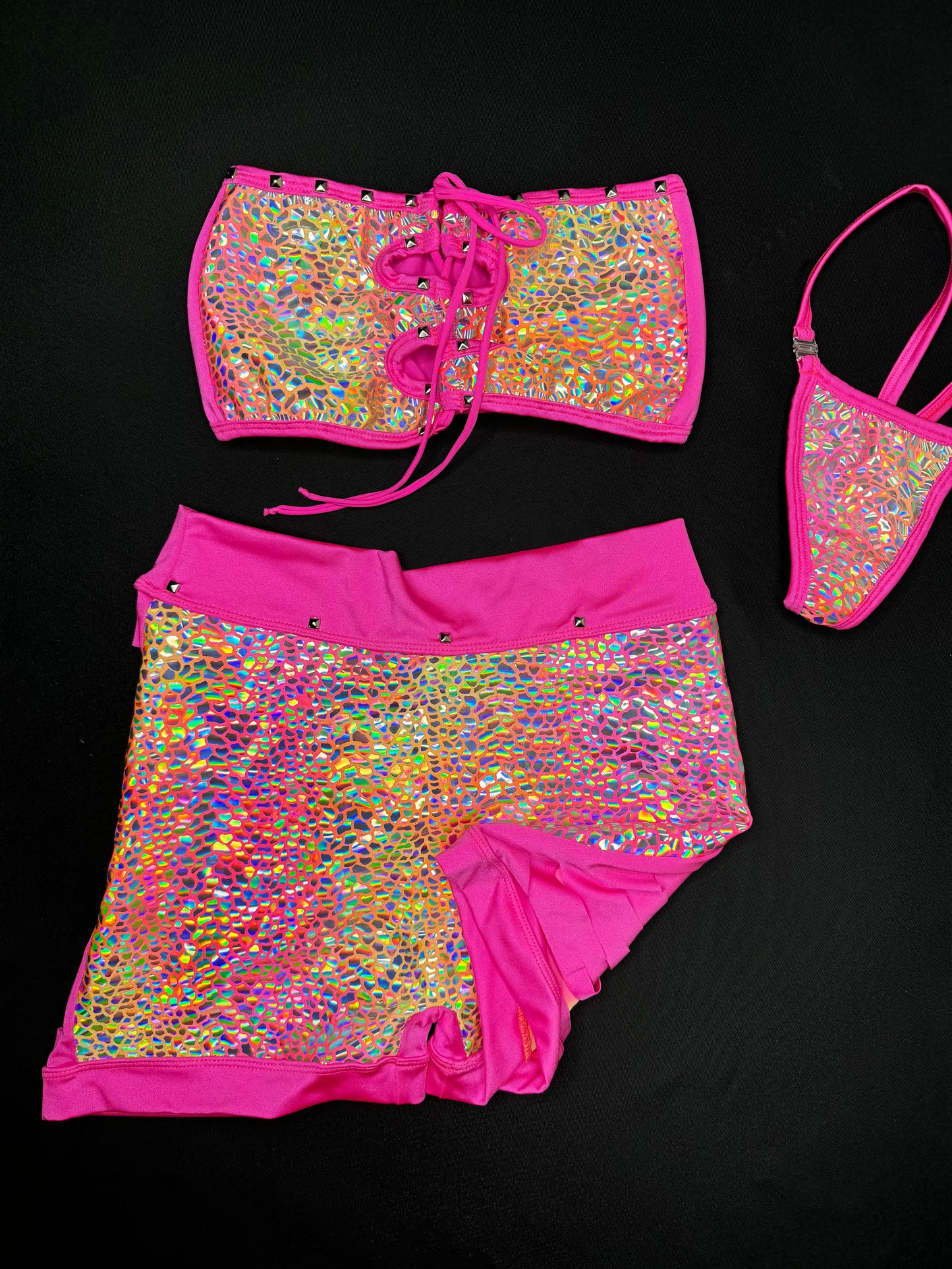 Metallic Pink/Pink Two-Piece Ripped Shorts/Tube Top Lingerie Outfit