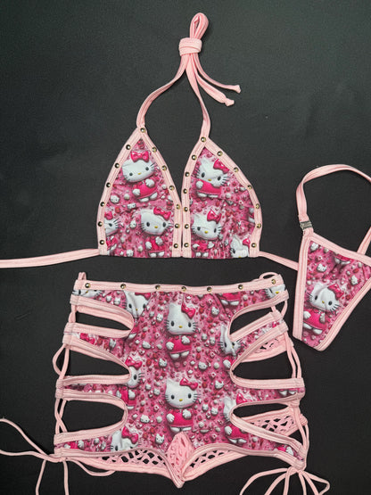 Baby Pink/Pink Kitty Two-Piece Bikini Top/Shorts Lingerie Outfit