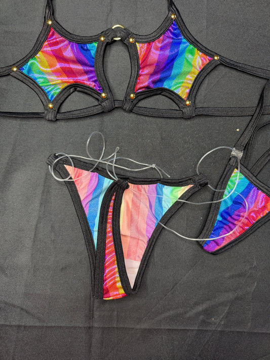 Rainbow Spandex/Black Two-Piece Bikini Lingerie Outfit
