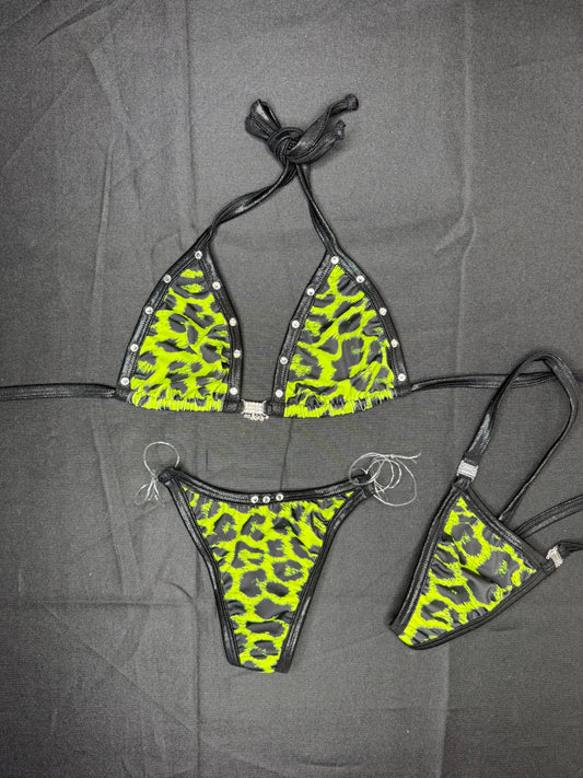Neon Green Cheetah Print/Black Spandex Two-Piece Bikini Lingerie Outfit