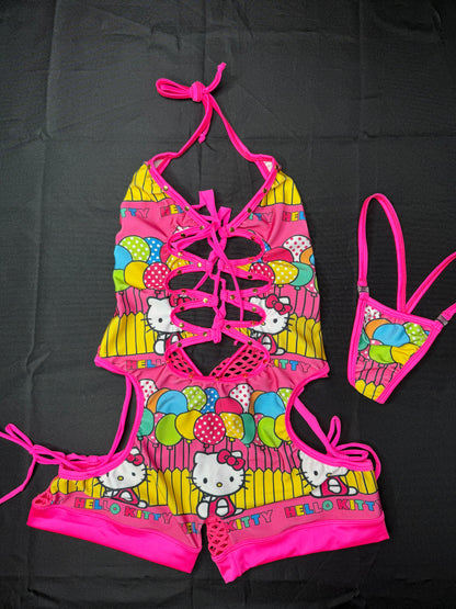 Hot Pink Spandex/Kitty Fabric Romper Lingerie Outfit