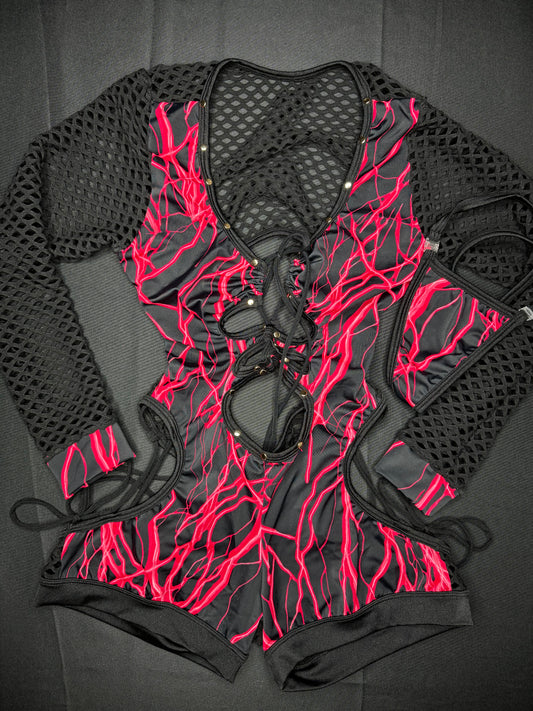 Red Thunder/Black Fishnet Romper One-Piece Lingerie Outfit