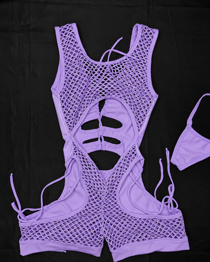 Lavender Vinyl/Lilac Fishnet Spandex Romper Lingerie Outfit