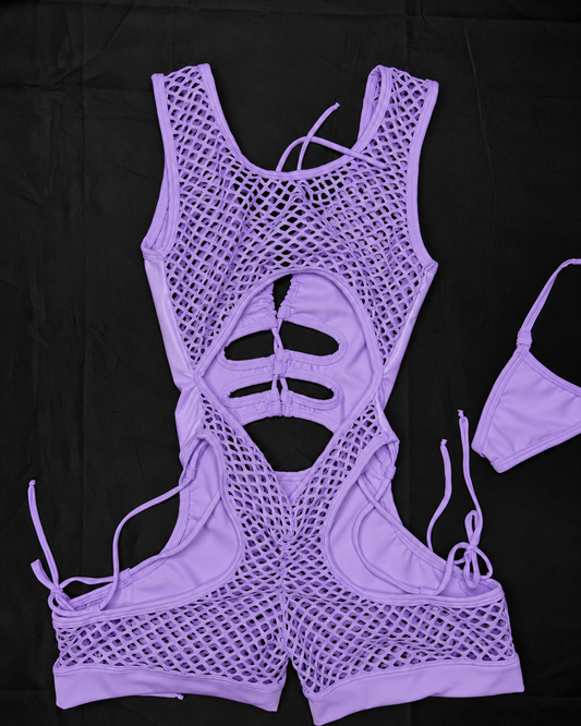 Lavender Vinyl/Lilac Fishnet Spandex Romper Lingerie Outfit