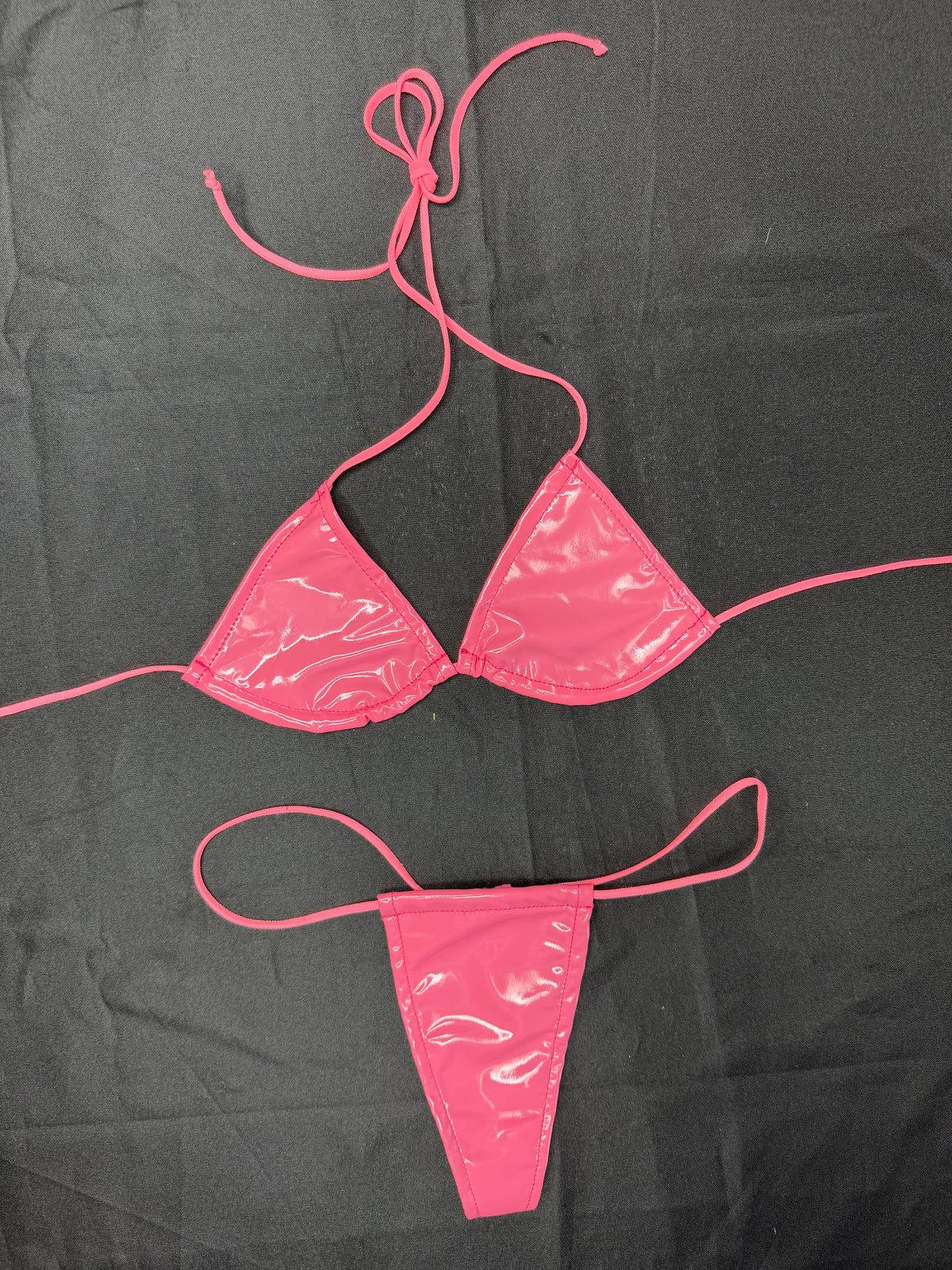 Coral Pink Vinyl Micro Bikini Lingerie Outfit