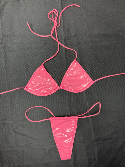 Coral Pink Vinyl Micro Bikini Lingerie Outfit
