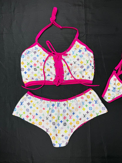 White Designer/Fuchsia Hot Pink Spandex Two-Piece Shorts Lingerie Outfit