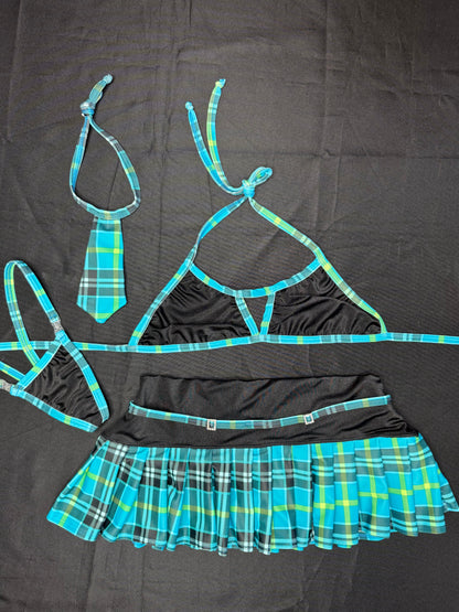 Black/Teal Plaid Bikini Top/Skirt School Girl Outfit