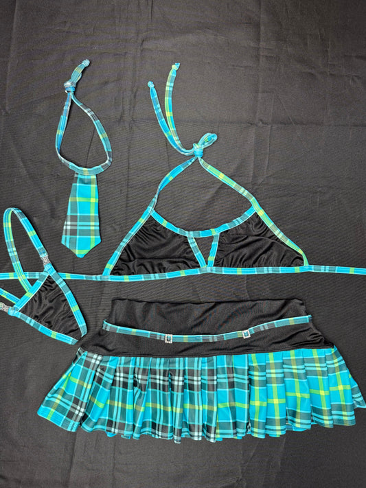 Black/Teal Plaid Bikini Top/Skirt School Girl Outfit