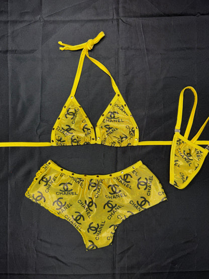 Designer Gold/Yellow Two-Piece Shorts Lingerie Outfit