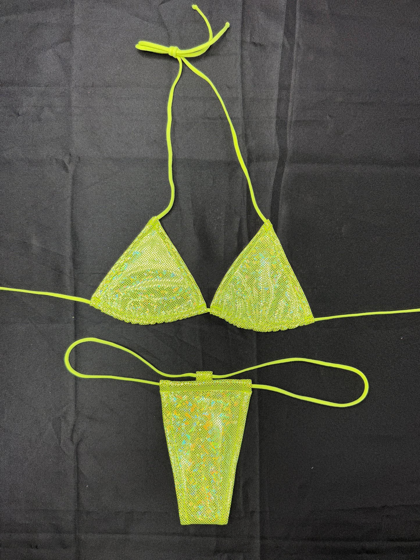 Metallic Yellow Spandex Two-Piece Micro Bikini Lingerie Outfit