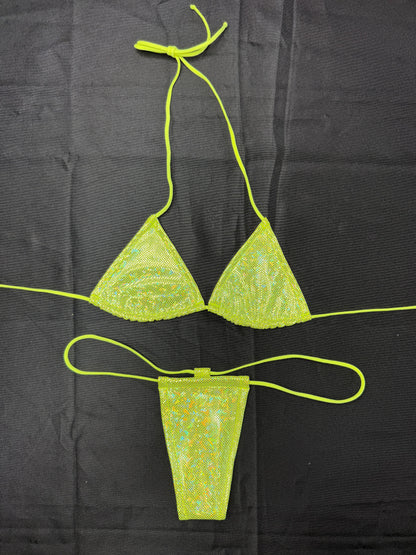 Metallic Yellow Spandex Two-Piece Micro Bikini Lingerie Outfit