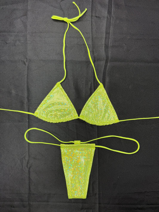 Metallic Yellow Spandex Two-Piece Micro Bikini Lingerie Outfit