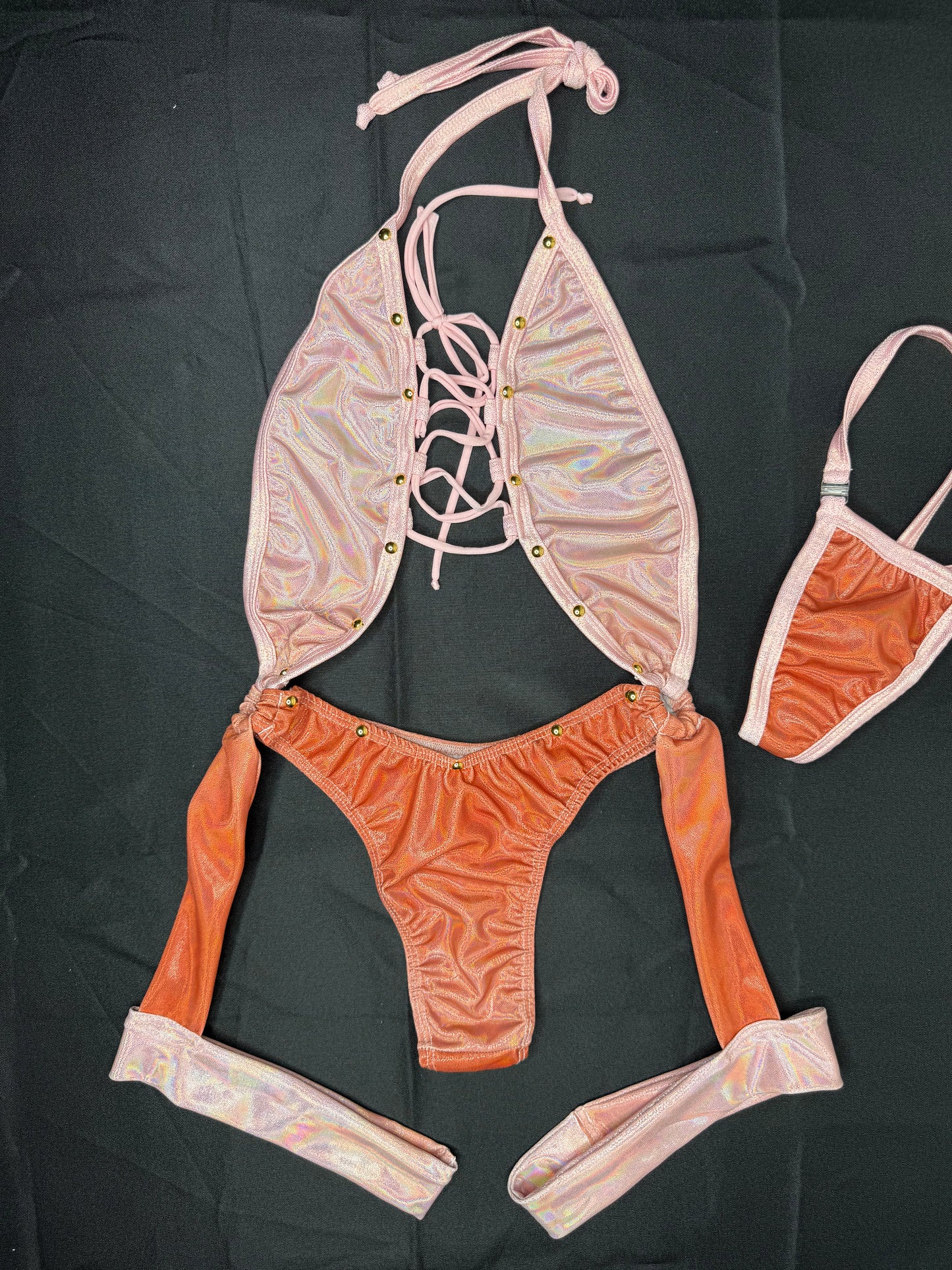 Shimmery Pink and Orange Holographic One-Piece Lingerie Outfit