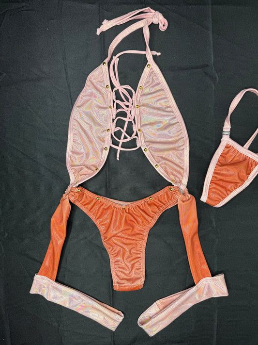 Shimmery Pink and Orange Holographic One-Piece Lingerie Outfit