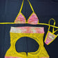 Daffodil Yellow Fishnet/Metallic Yellow/Pink Ombré Chap Shorts Lingerie Outfit