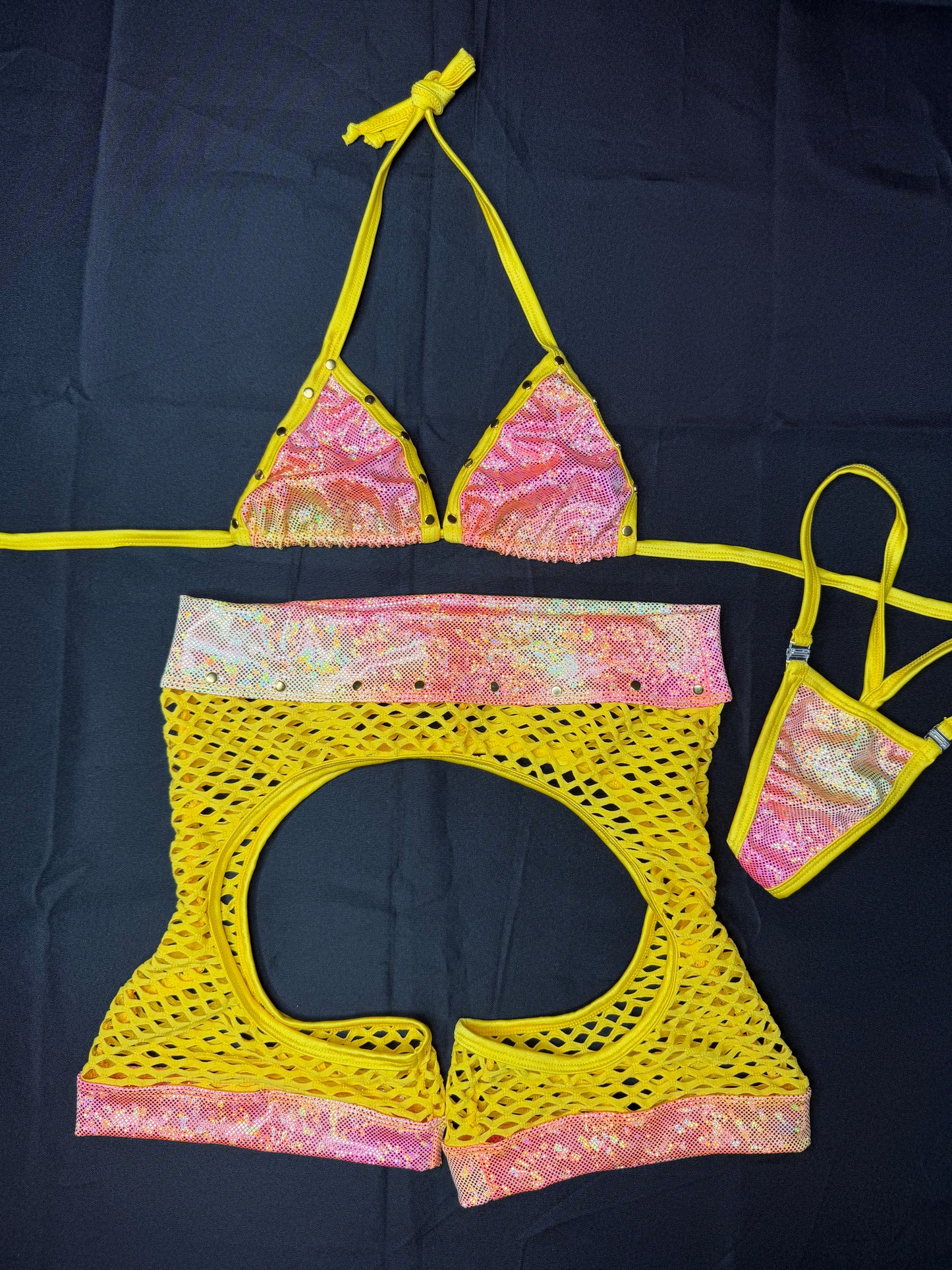 Daffodil Yellow Fishnet/Metallic Yellow/Pink Ombré Chap Shorts Lingerie Outfit