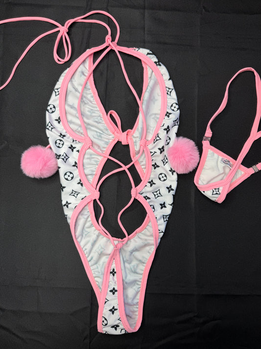 White Designer/Baby Pink Spandex One-Piece Pom Poms Lingerie Outfit