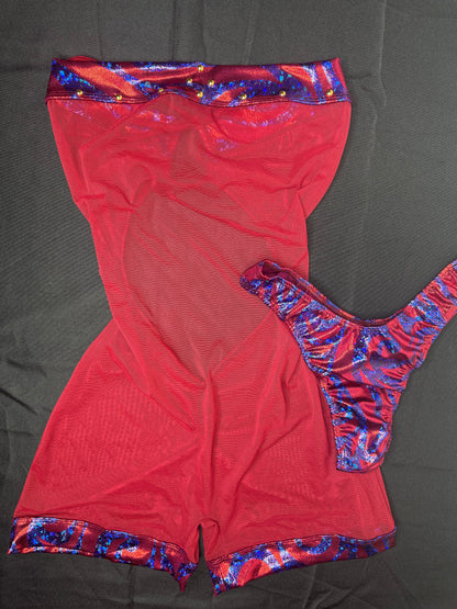 Burgundy Mesh/Spandex One-Piece Lingerie Outfit