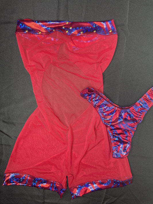 Burgundy Mesh/Spandex One-Piece Lingerie Outfit
