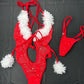 Red Mesh/White Fur One-Piece Christmas Lingerie Outfit