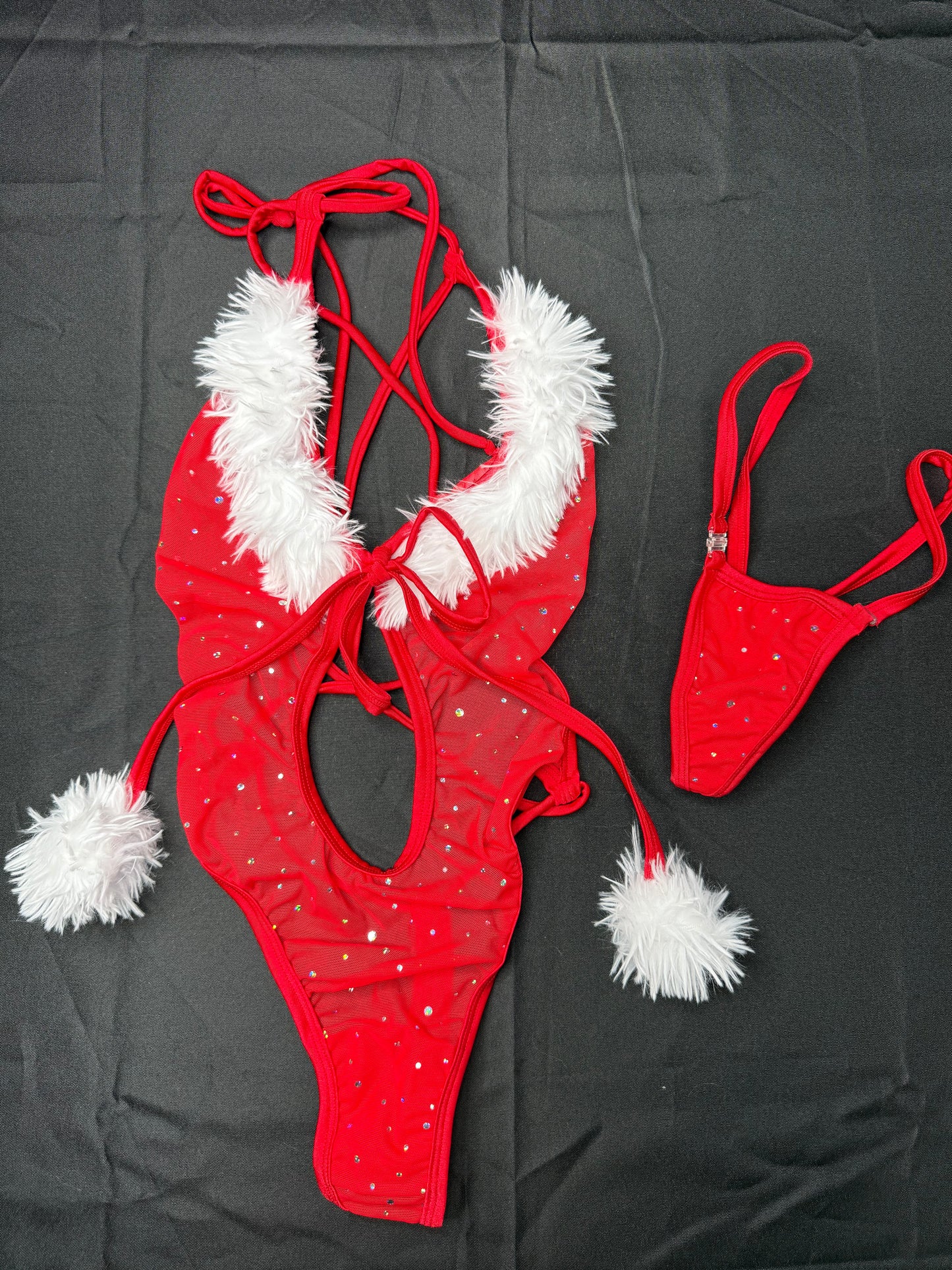 Red Mesh/White Fur One-Piece Christmas Lingerie Outfit