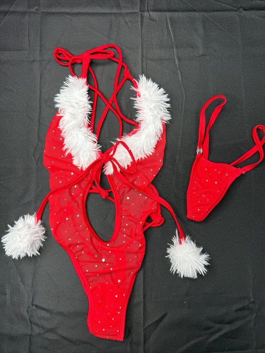 Red Mesh/White Fur One-Piece Christmas Lingerie Outfit