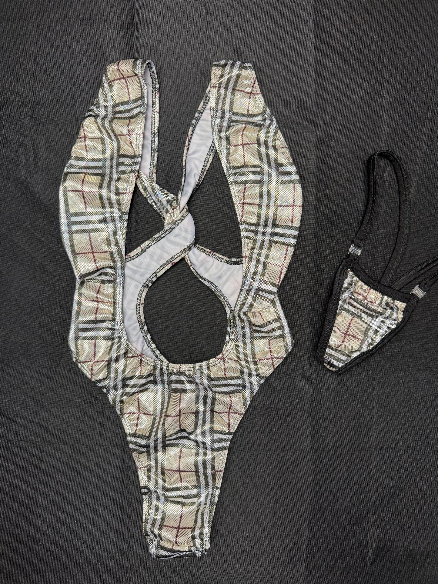 Holographic Designer Plaid Spandex One-Piece Lingerie Outfit