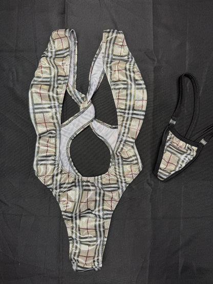 Holographic Designer Plaid Spandex One-Piece Lingerie Outfit