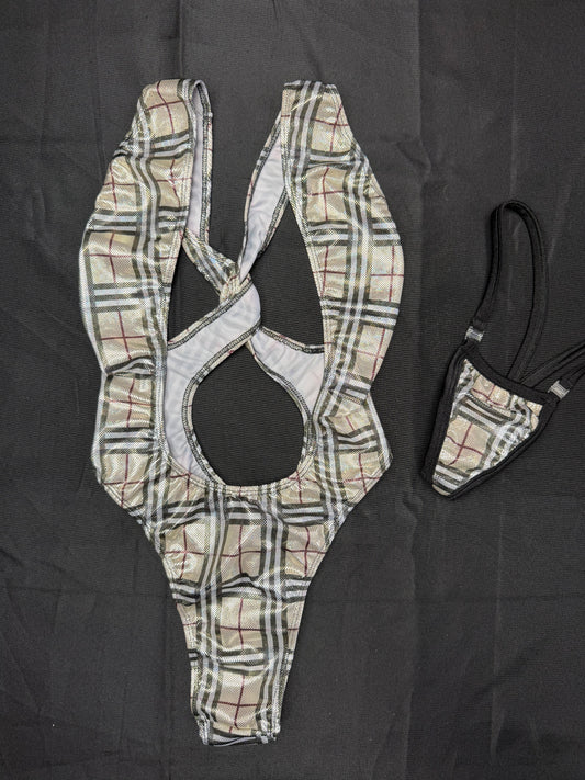 Holographic Designer Plaid Spandex One-Piece Lingerie Outfit