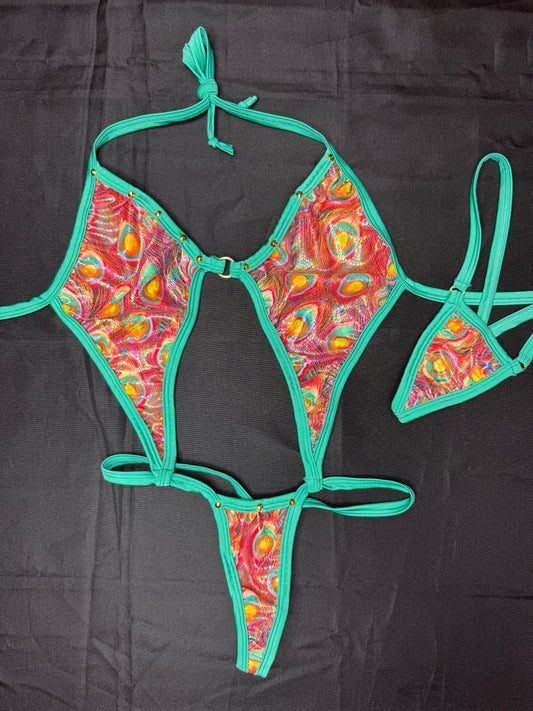 Teal/Peacock Holographic Sling-Shot One-Piece Lingerie Outfit