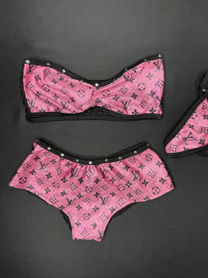 Metallic Pink/Black Fishnet Spandex Tube Top/Shorts Two-Piece Lingerie Outfit