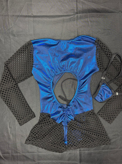 Metallic Blue/Black Spandex Romper Lingerie Outfit