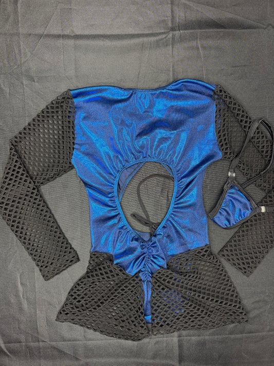 Metallic Blue/Black Spandex Romper Lingerie Outfit