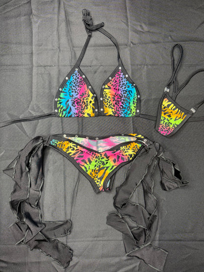 Rainbow Cheetah Print Bikini Lingerie Outfit