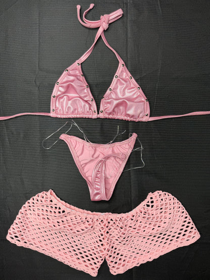 Pink Spandex Three-Piece Bikini Top/Thong/Shorts Lingerie Outfit