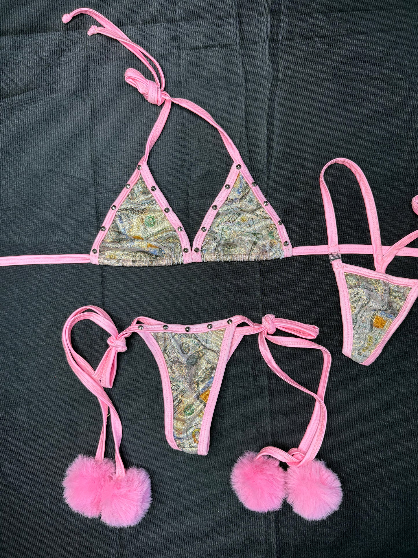 Baby Pink/Money Print Spandex Two-Piece Bikini Pom-Poms Lingerie Outfit