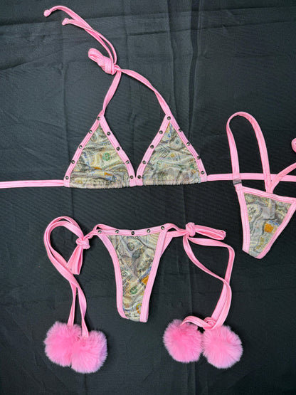 Baby Pink/Money Print Spandex Two-Piece Bikini Pom-Poms Lingerie Outfit