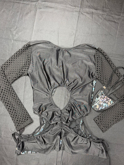 Black/Silver Spandex Romper Lingerie Outfit