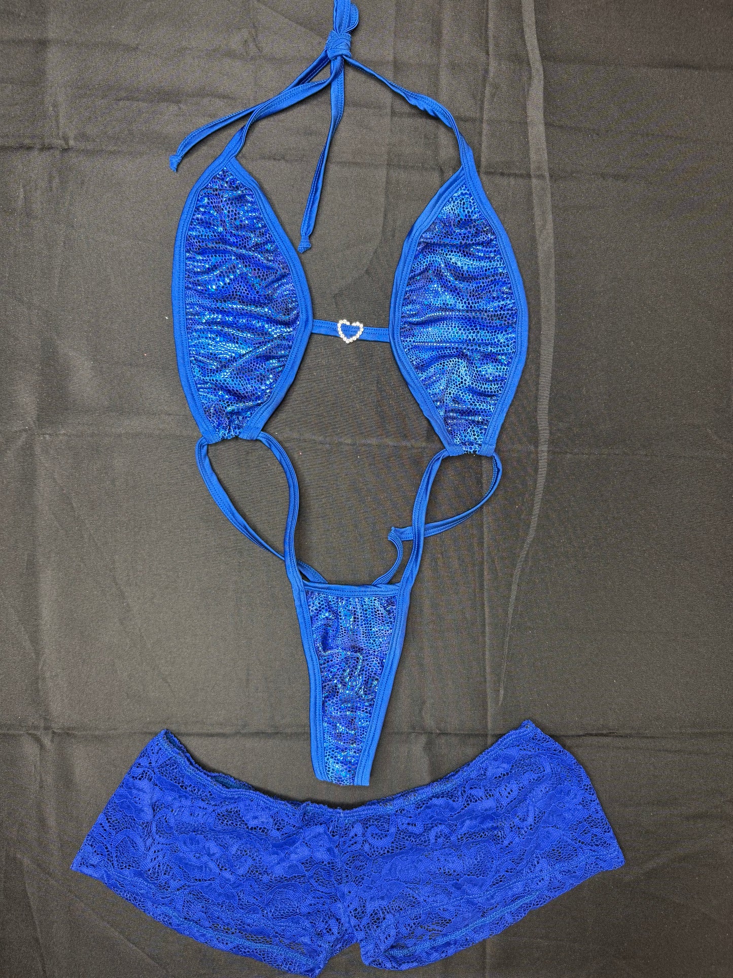 Metallic Royal Blue/Royal Blue Lace Sling-Shot/Shorts Two-Piece Lingerie Outfit