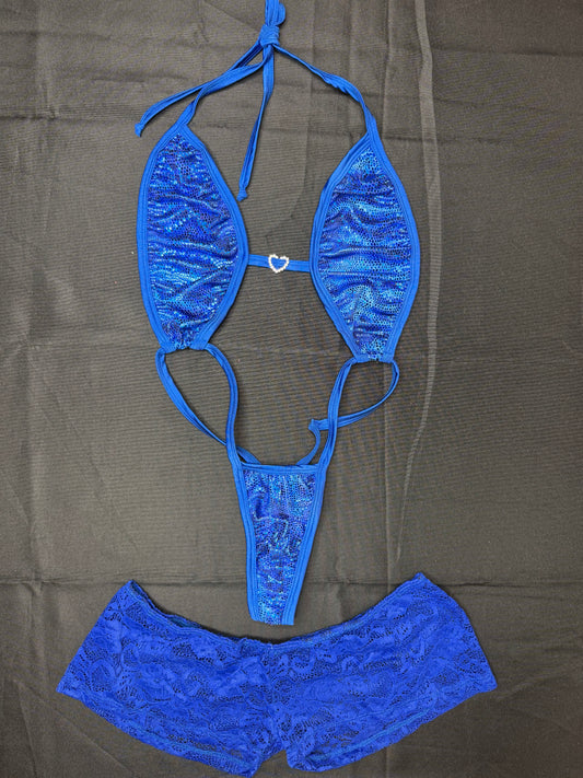 Metallic Royal Blue/Royal Blue Lace Sling-Shot/Shorts Two-Piece Lingerie Outfit