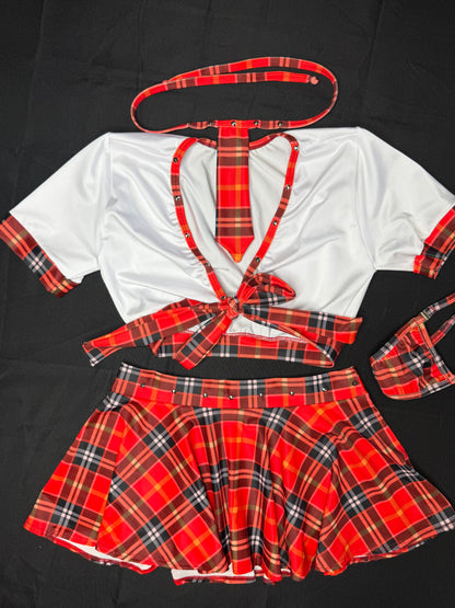 Bright Red/Orange/White Plaid Spandex Two-Piece Skirt with Tie School Girl Lingerie Outfit
