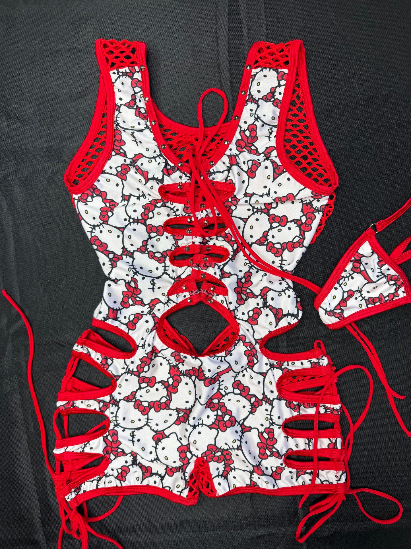 Red/Kitty Print Spandex Romper Lingerie Outfit