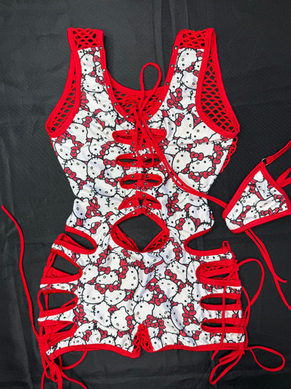 Red/Kitty Print Spandex Romper Lingerie Outfit